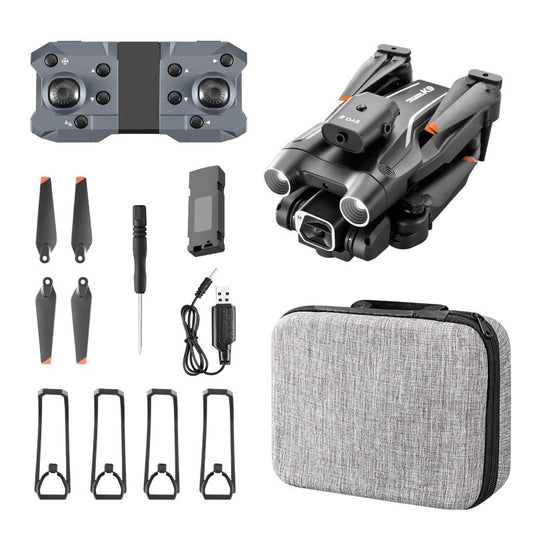Collection of tools and accessories including a Folding UAV, case, and various components on a white background.