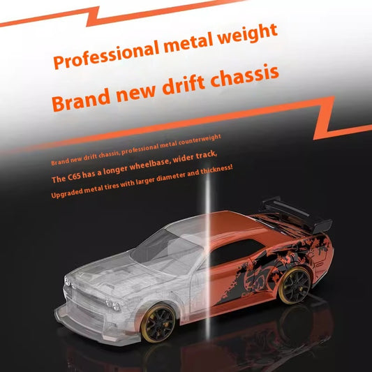 mini rc drift car with text about professional metal weight and brand new drift chassis on a dark background