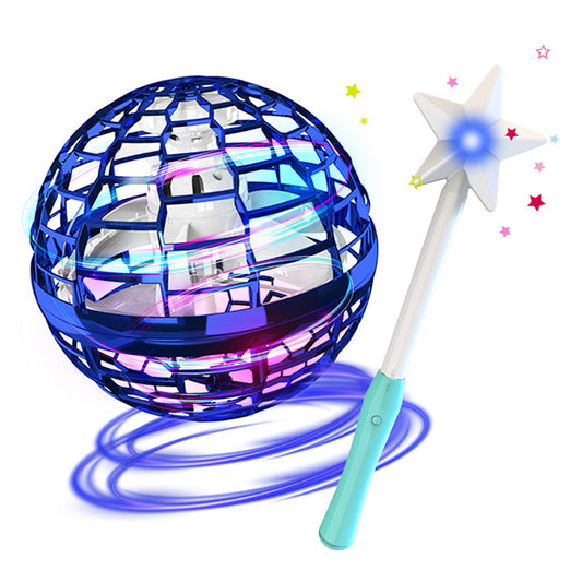 Blue glowing flying spinner ball with star-shaped wand on a white background