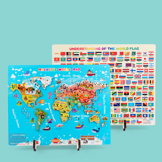 world map puzzle with magnetic pieces and a stand, alongside a world flag chart on a blue background.
