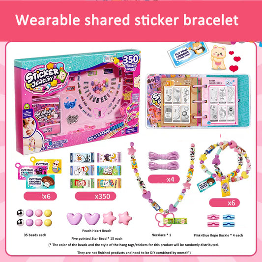 Girl smiling while wearing a mixed‑colour sticker‑bracelet made from the DIY kit.