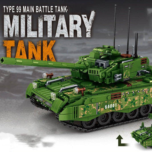Model of a green military tank with camouflage pattern on a gray background