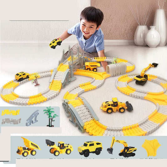 Car race track toy – modular track pieces assembled on play mat