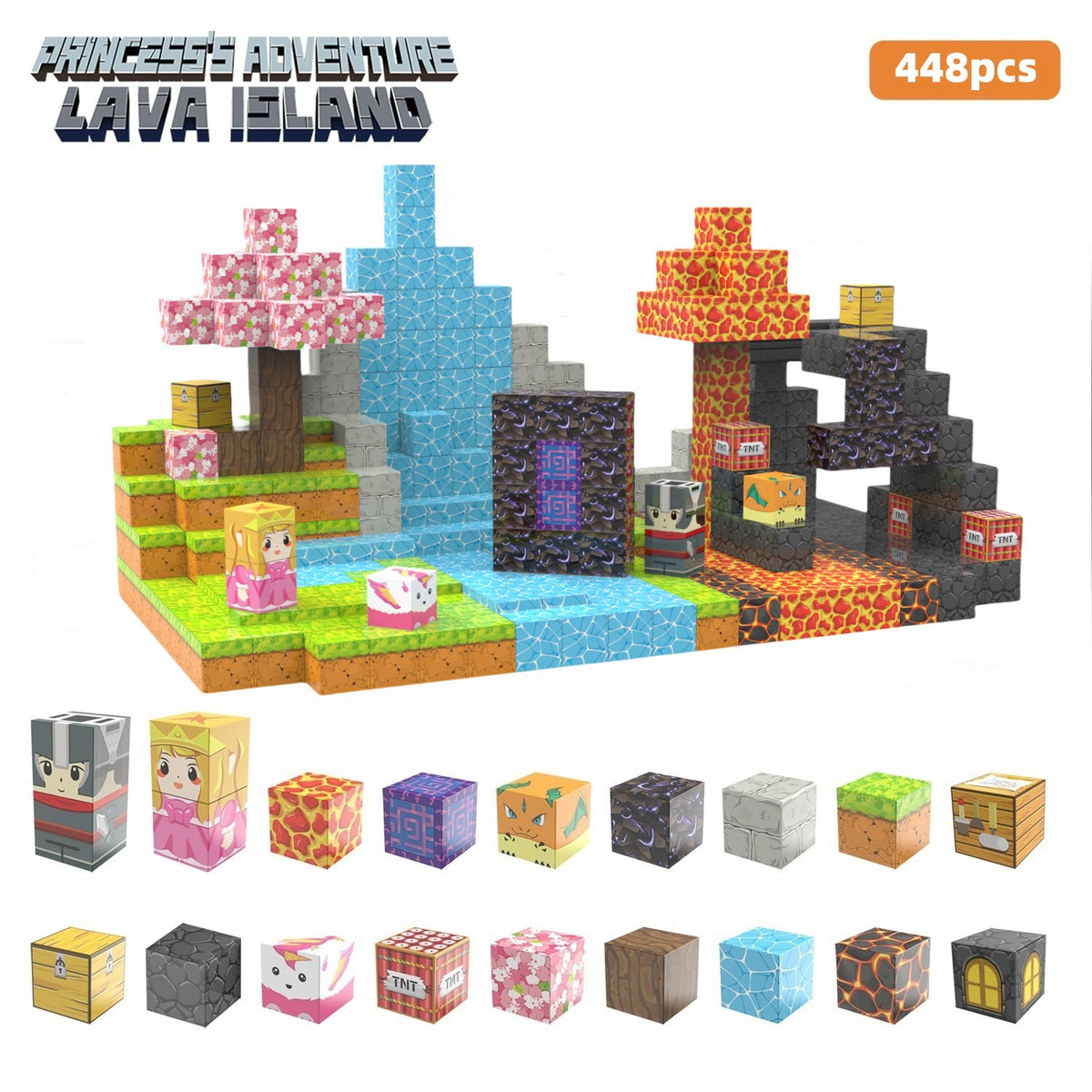 Flat lay of all magnetic cube pieces sorted by colour in the Cherry Blossom kit