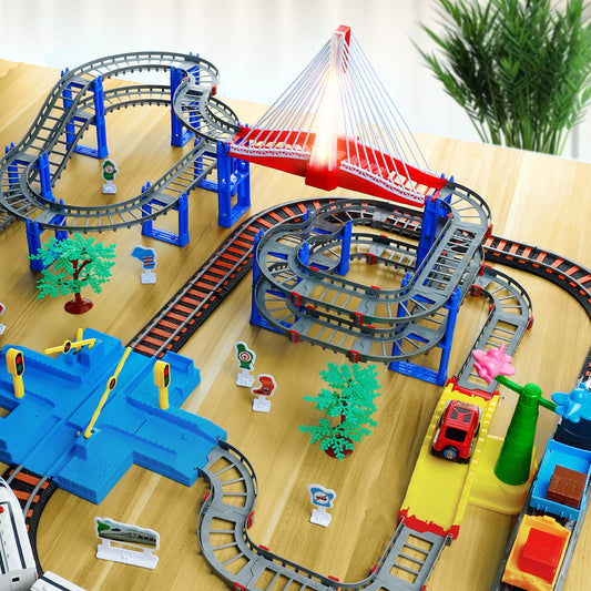Train set electric locomotive traversing a city double‑bridge track