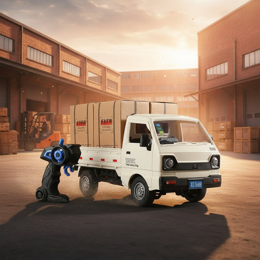 A toy model of a RC drift truck carrying four brown cardboard boxes, shown on a reflective black surface with a blurred warehouse background. The image includes a red label at the top reading 'White transport vehicle' and a row of feature icons at the bottom showing lights, cooling spray, label paper, and interior details.