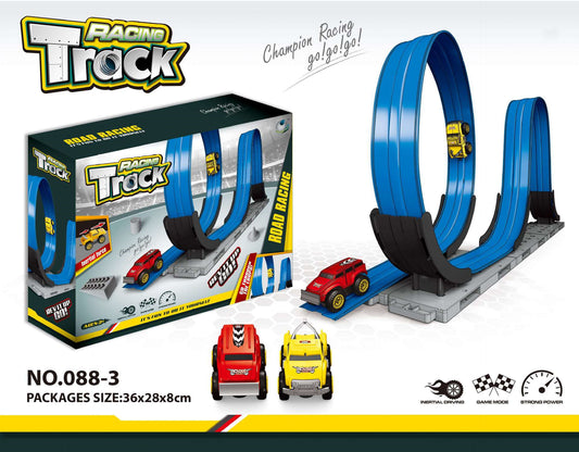 Roller coaster car toy resting on rail track section