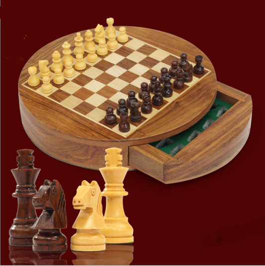 Close-up of traditional wooden chess set pieces showing painted detail