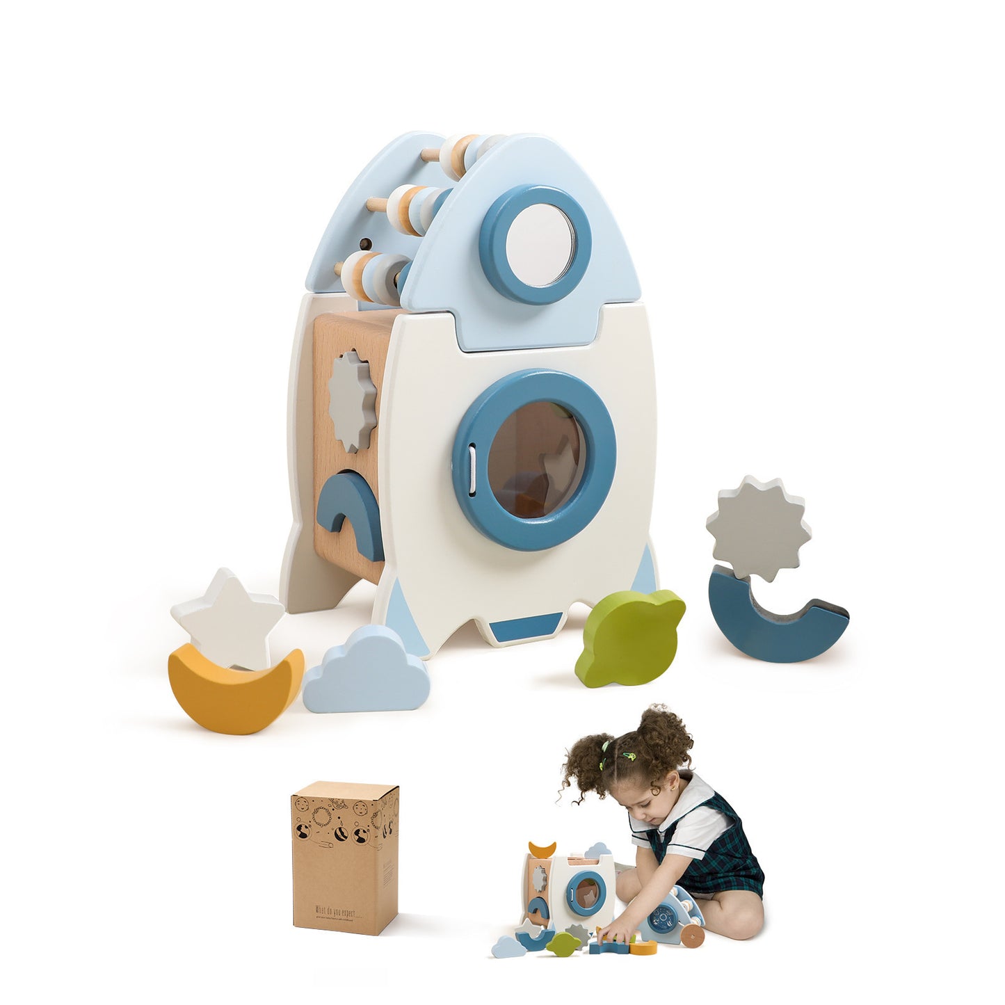Wooden Rocket Busy Box – Educational Toy for Kids & Babies