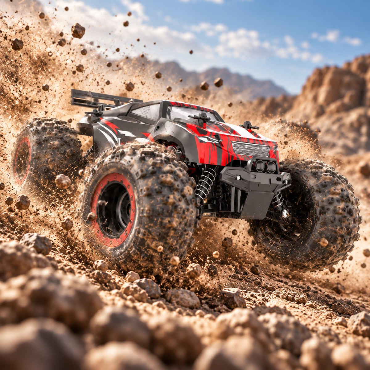 Rock-climbing RC car rear and side view