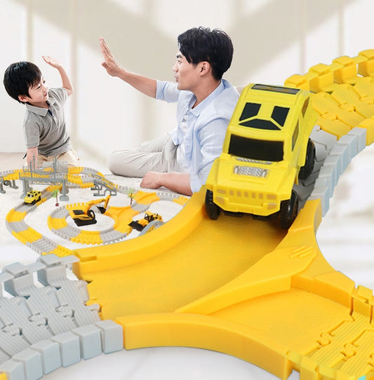 Haul truck and excavator navigating custom car tracks for kids