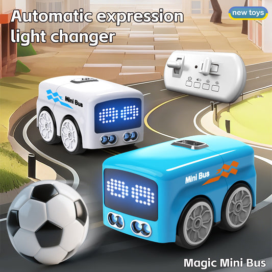 Two toy bus with digital displays on a road, one blue and one white, with a soccer ball on the side.