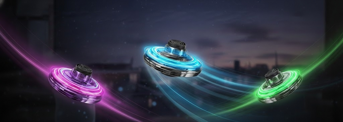 Orb spinner LED flying toy glowing while hovering in the air