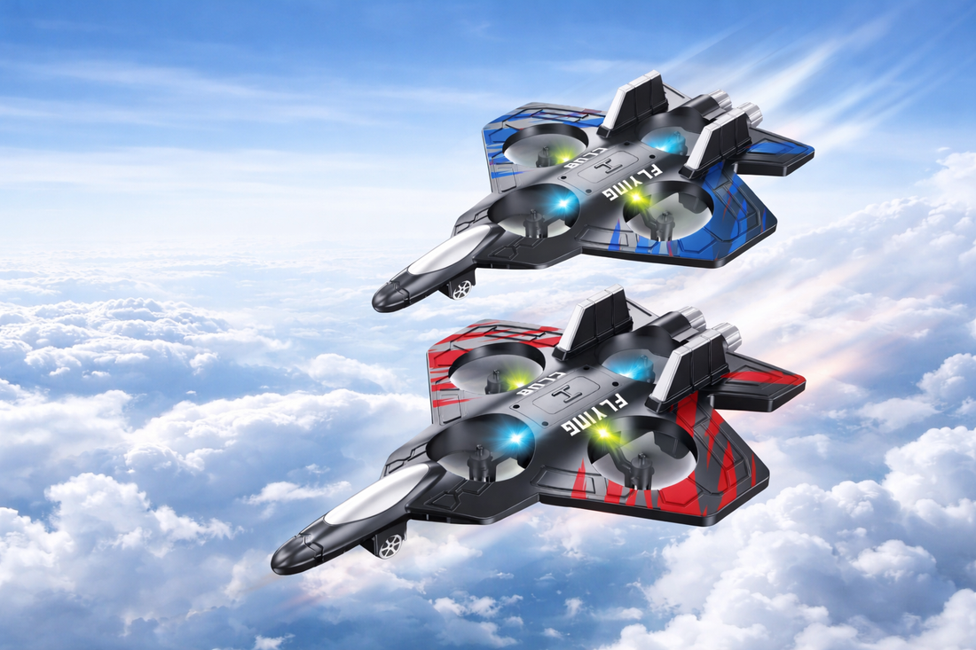 A small electric RC Plane Aircraft flying over a green park at sunset