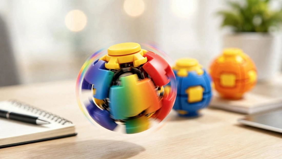 Rainbow HelixCore 3D stress relief ball spinning on office desk