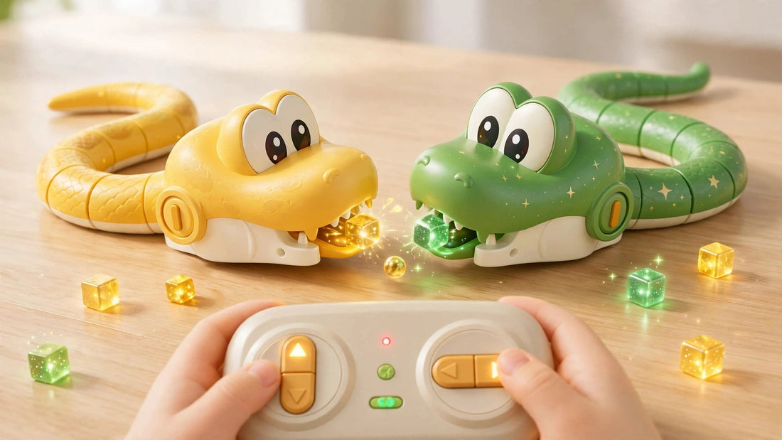 Two remote-control Snake Toy battling for magnetic energy pellets in multiplayer competition