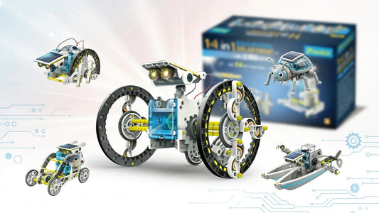 Pro'sKit 14-in-1 solar robot kit box showing all robot toys models for kids