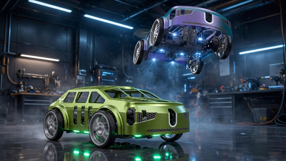2-in-1 drone car toy showing dual-mode flying car design with LED lights