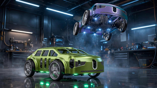 2-in-1 drone car toy showing dual-mode flying car design with LED lights