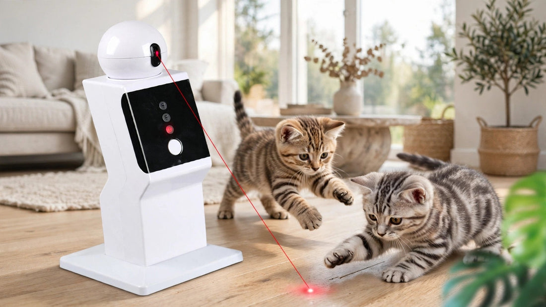 Smart robotic laser cat toys entertaining an indoor cat