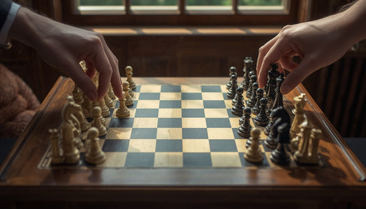 A realistic top-down photo of a fully set up board in natural light, with one hand placing the white queen. Use a real set from the store, not a stock render. Alt text: Top-down view of a chess board with all 32 pieces in their starting positions 
