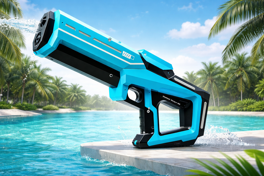 Kids enjoying outdoor fun with a rechargeable electric water gun during a backyard summer water battle