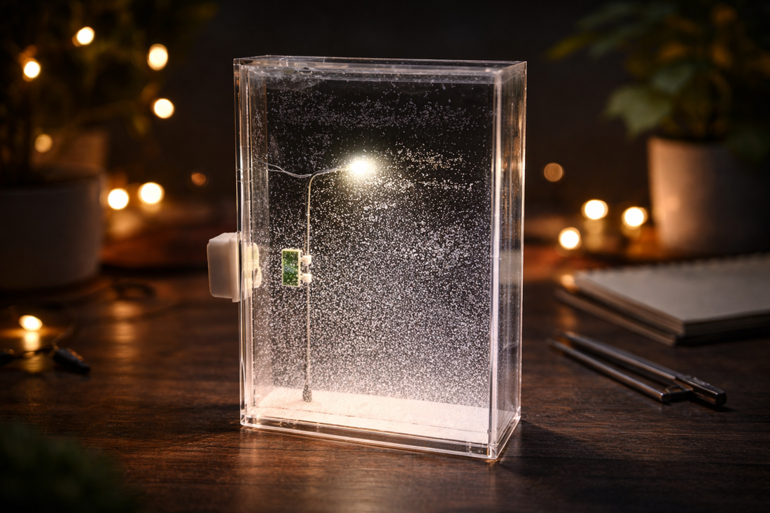 diy kit for relaxation featuring a glowing snowy night light and calming winter scene