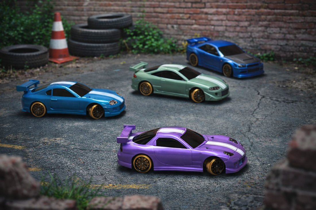 Mini remote control drift car set with customizable indoor racing track and storage box