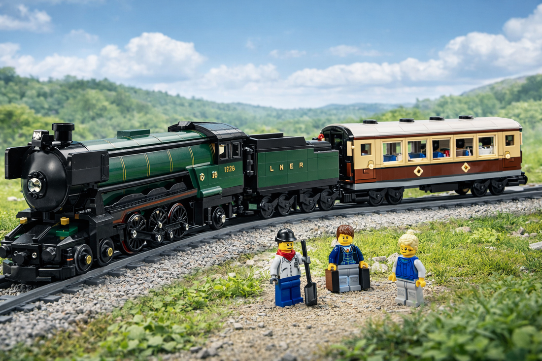 DIY electric toy trains set built with 800+ ABS blocks running on track layout