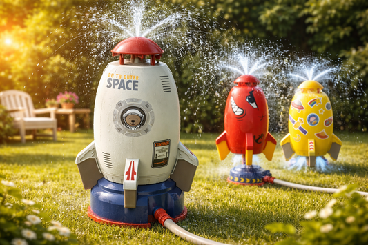 kids playing with rocket launcher garden toys water sprinkler in backyard
