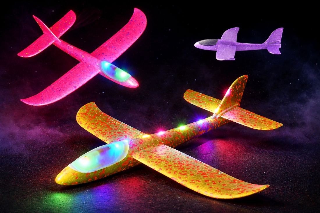 Hand-thrown LED foam plane flying outdoors with kids playing