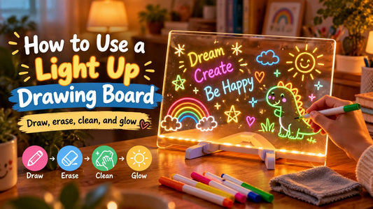 Light up drawing board glowing on a cozy desk with colorful doodles, markers, cleaning cloth, and text showing how to use a light up drawing board.