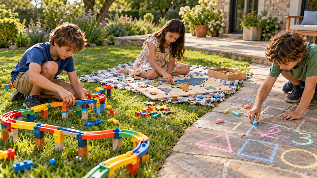 Children exploring building, counting and drawing toys at a play table