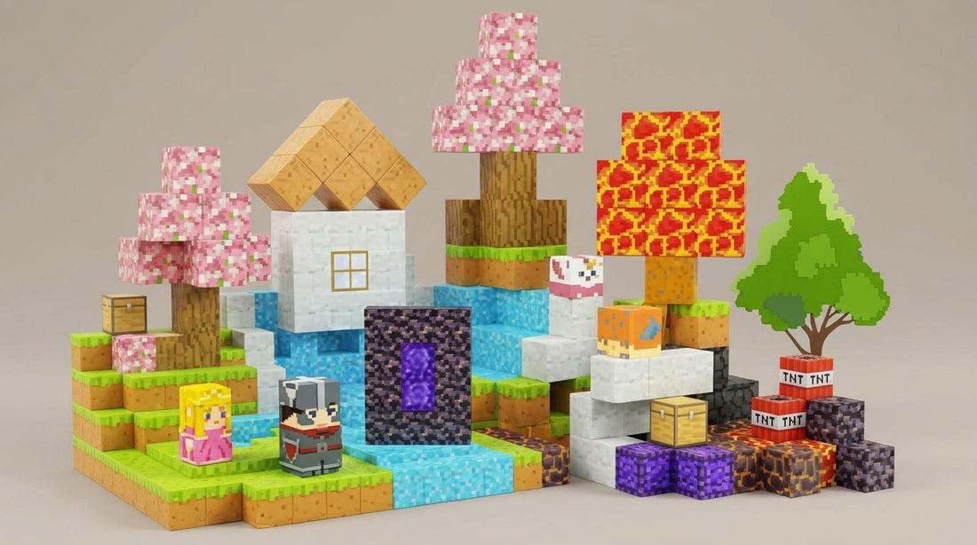 Children sitting on playroom rug building colorful 3D towers with children's magnetic building blocks.