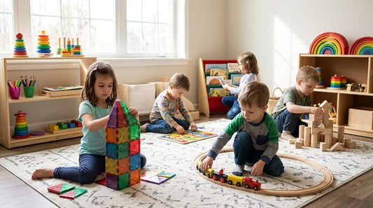 A child sitting on a rug and assembling a STEM building kit during independent play.