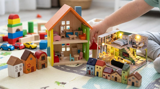 Finished miniature house model with glowing rooms on a craft worktable with tweezers and glue