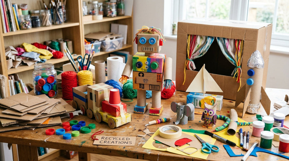 Homemade DIY fidget toys including a sensory squish ball, paper origami cube, and bead slider arranged on a craft table.