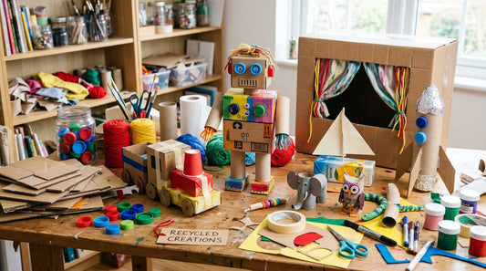 Homemade DIY fidget toys including a sensory squish ball, paper origami cube, and bead slider arranged on a craft table.