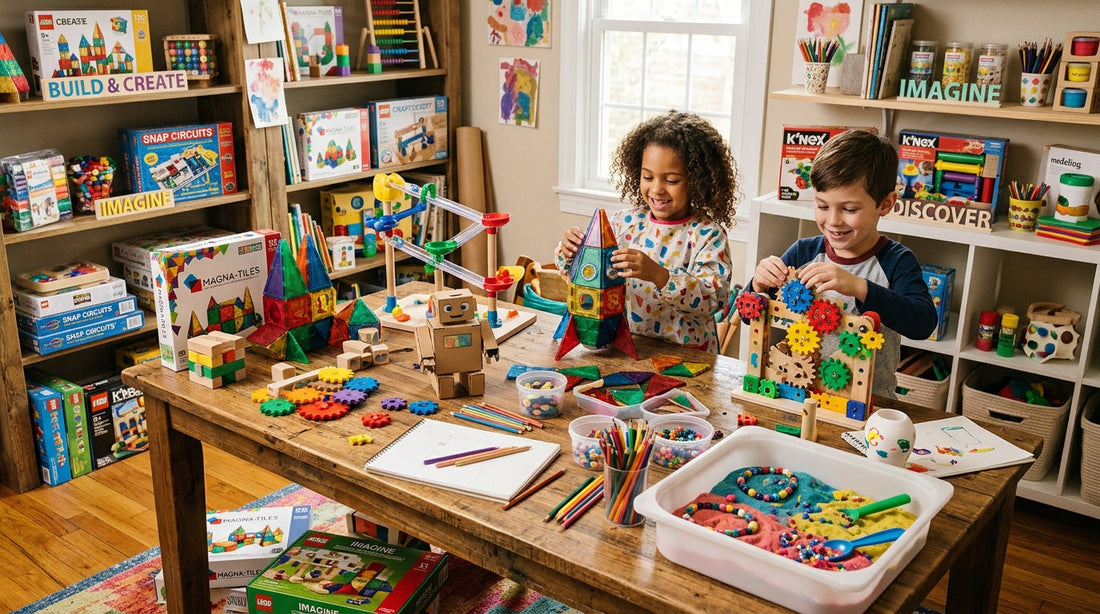 Child building a wooden doll‑house while magnetic blocks and a lit snow globe sit on a colorful rug.