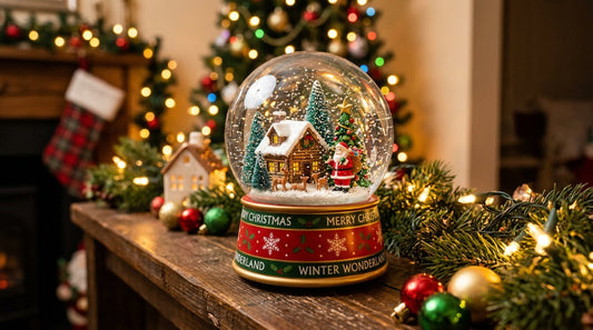 Illuminated electric Christmas snow globe on a holiday mantel with garlands and fairy lights.