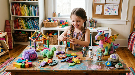 Selection of the best toys for imaginative play arranged on a wooden table, including building blocks and creative art tools.