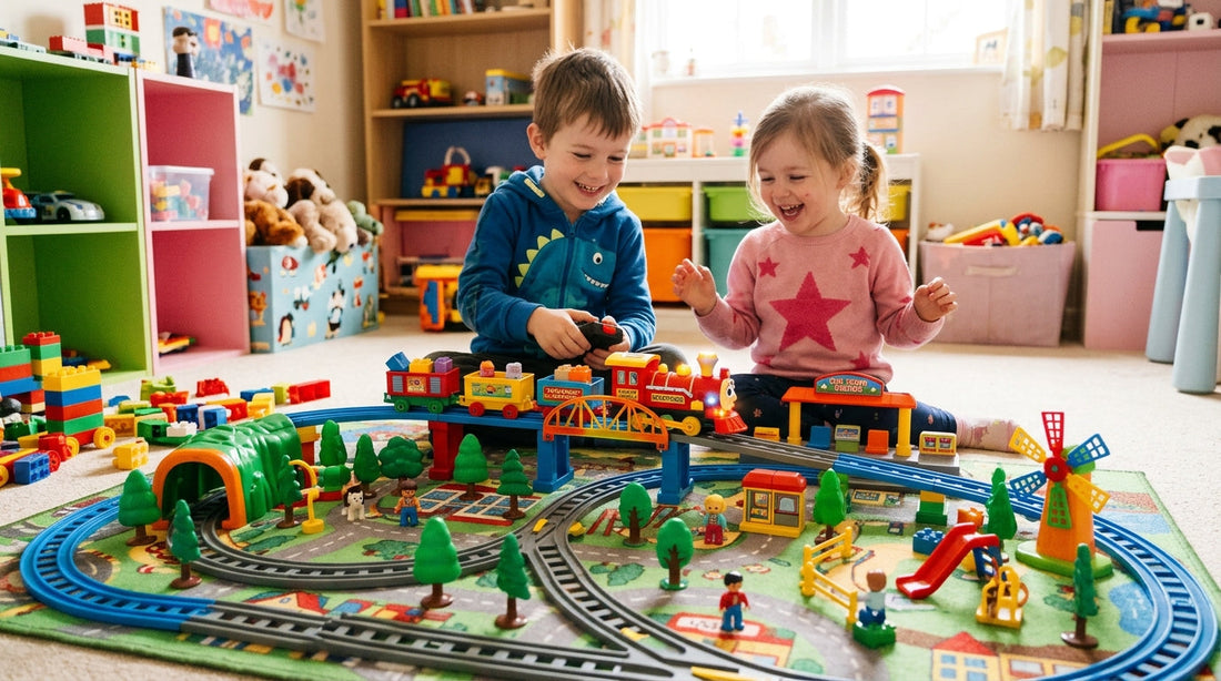 Child and parent assembling a wooden and electric model train set on a living room floor.