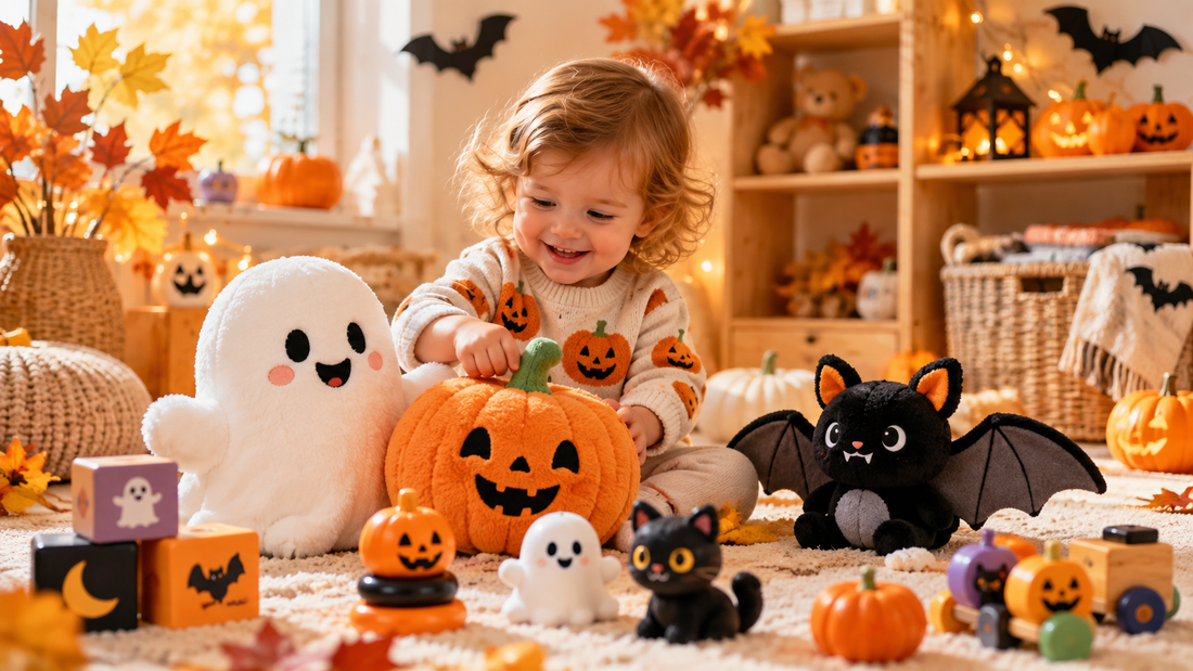 Toddler playroom with cute ghost and pumpkin Halloween toys