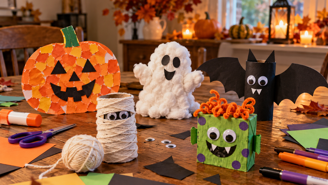 Halloween crafts for kids with paper pumpkins, ghosts, bats and a yarn mummy on a craft table