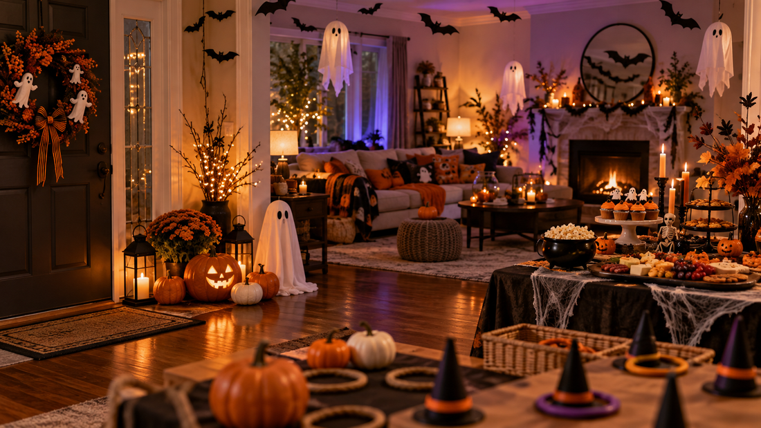 Halloween house party with pumpkins ghost decorations games and a themed food table