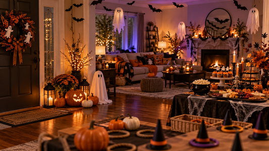 Halloween house party with pumpkins ghost decorations games and a themed food table