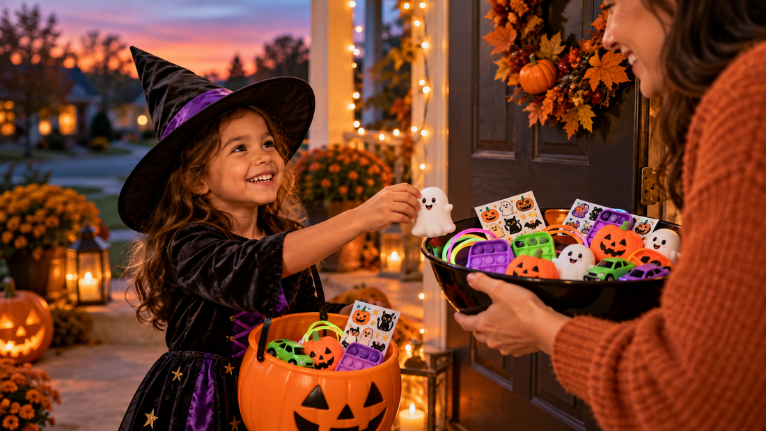 Child receiving trick or treat toys including squishies, fidget toys and glow bracelets on a decorated Halloween porch.