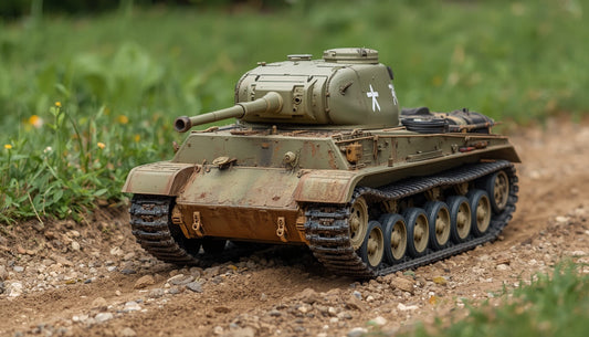 Scale RC tank with articulated tracks maneuvering over outdoor gravel terrain.