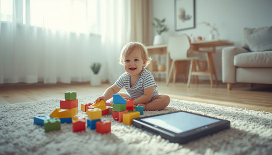 Two-year-old toddler playing with educational building blocks and an illuminated drawing board on a playroom rug.