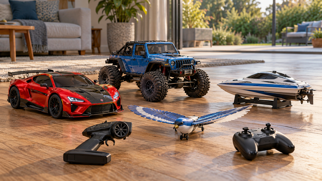 Remote control car, truck, boat and flying toy with handheld controllers
